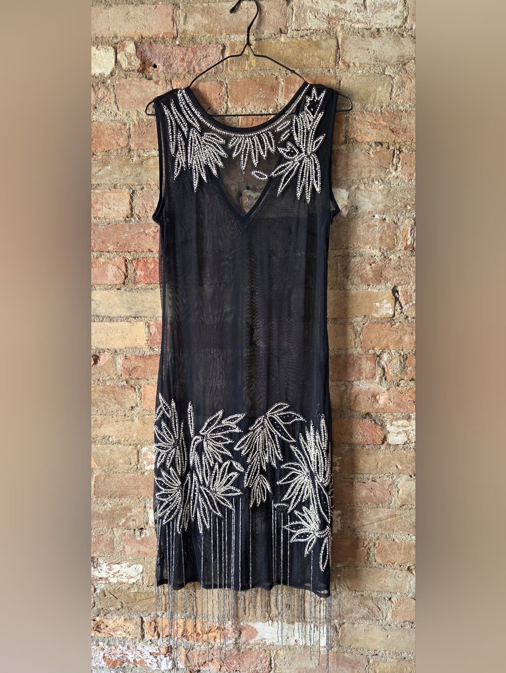 Roman Gatsby Flapper Inspired Sheer Black Glass Beaded Fringe Overlay Dress